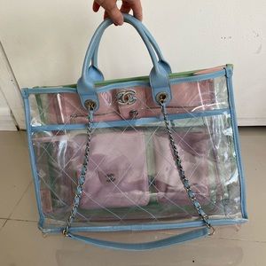 Chanel Shopping Coco Transparent Clear Quilted Lambskin Blue Pvc & Leather Tote